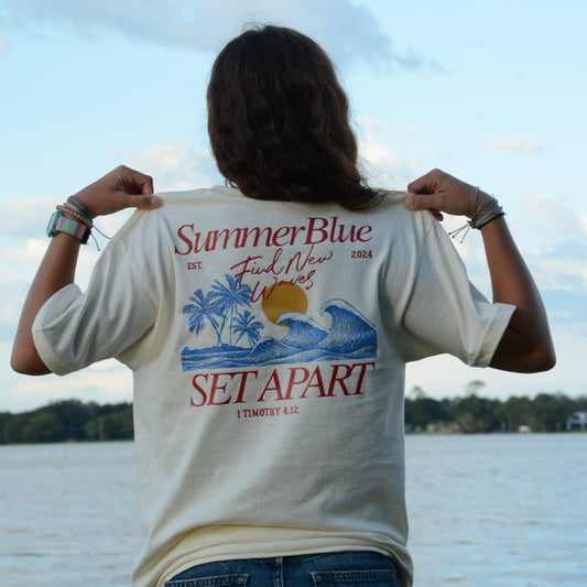 Women's Red Summer Blue Cream Cotton Graphic Logo Tee