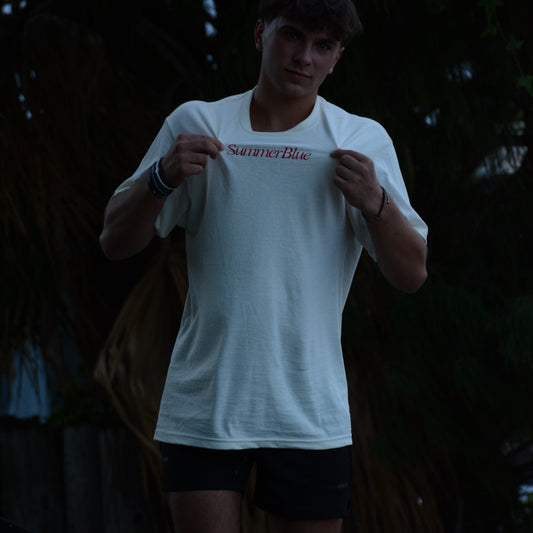 Men's Red Summer Blue Cream Cotton Graphic Logo Tee